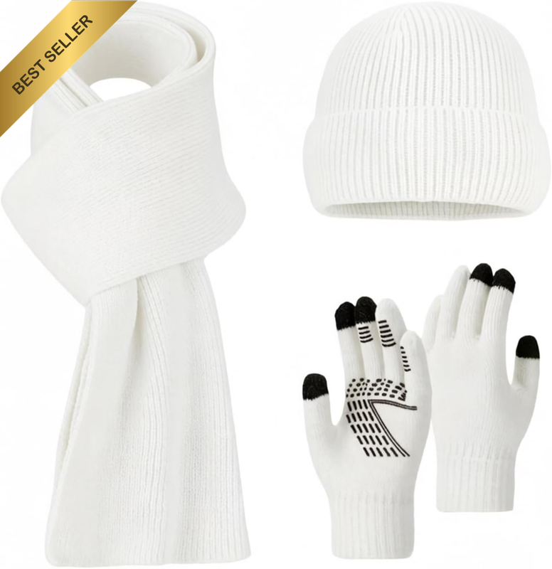 Winter Beanie Hat Scarf Gloves Set - Soft Acrylic Knit Set with Touchscreen Mitt