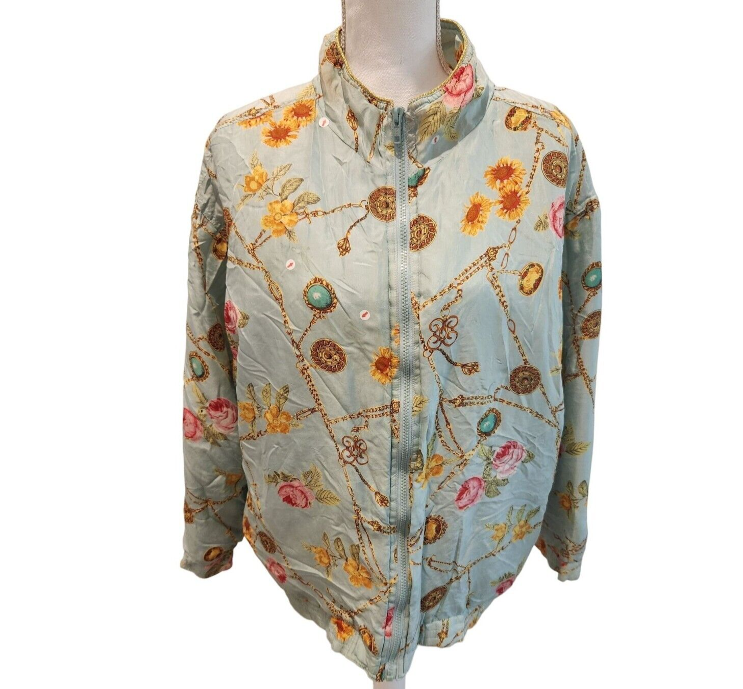 Vintage 90s Avon Silk Floral Turquoise Bomber Jacket L Vintage 90s Avon Silk Floral Turquoise Bomber Jacket L