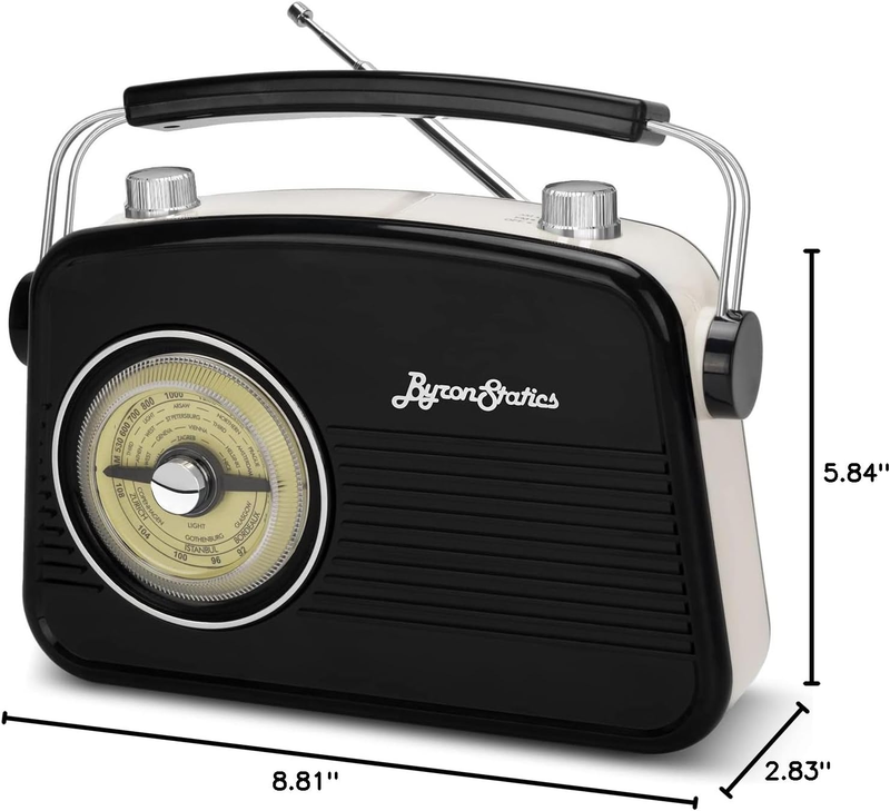 Byronstatics Black AM FM Radio - Small Portable Radios Vintage/Retro with Hea