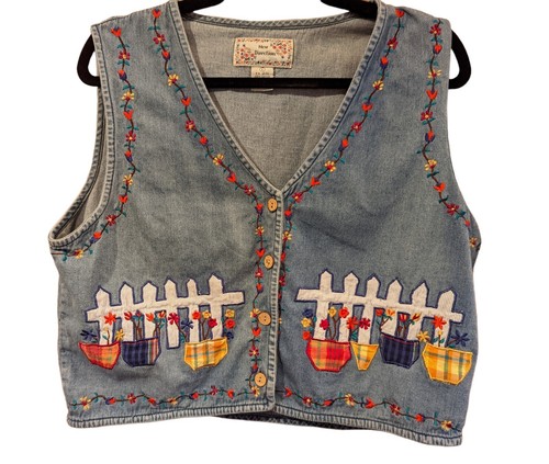 VTG 90's Denim Floral Embroidered Vest Blue Cotton New