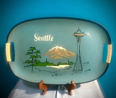 VTG 60s TILSO TRAY SEATTLE LANDMARKS Oblong, Turquoise ,Wrapped Handles EUC 17''