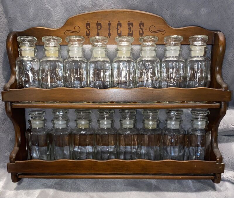 Set 16 Vintage Glass Apothecary Spice Jars With Wood Rack Cabinet CLEAN