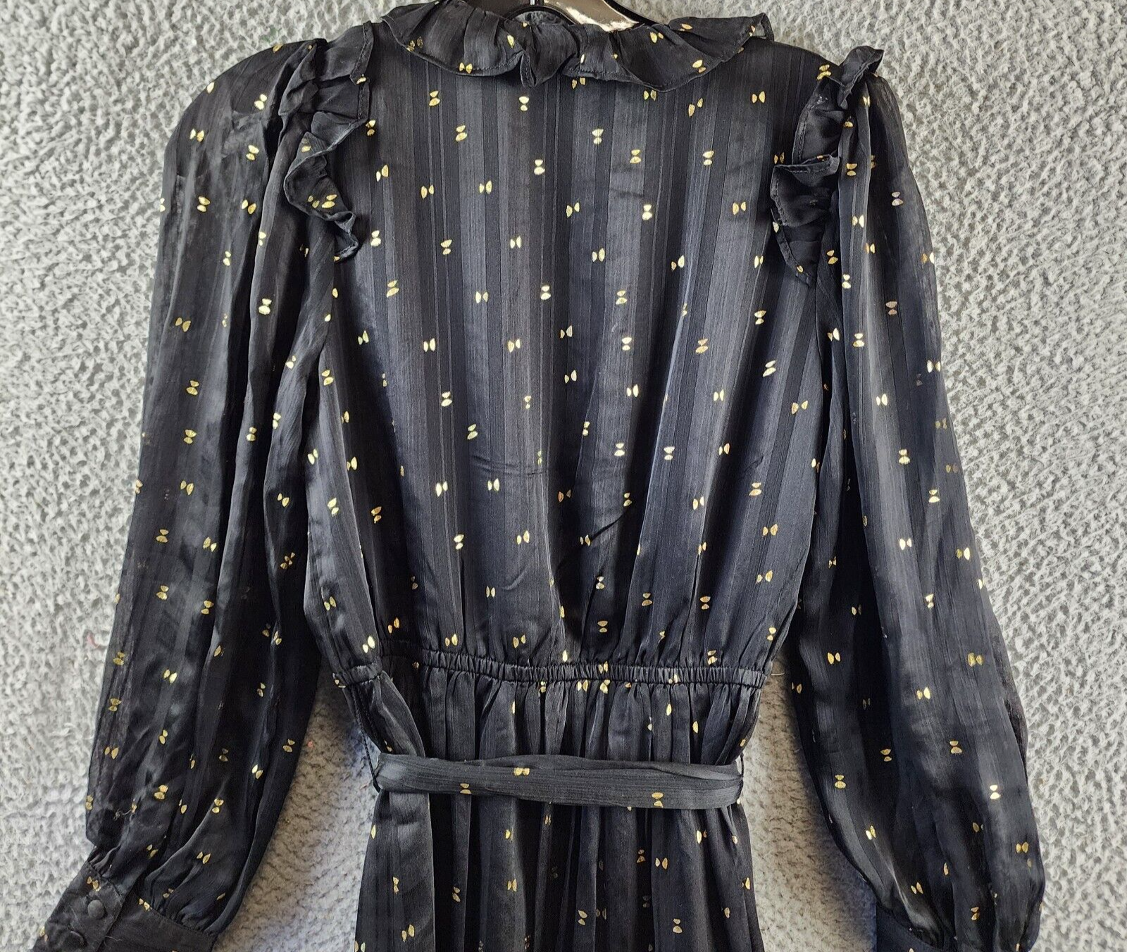AQUA Ruffle Trim Clip Dot Midi Wrap Dress Women's XS Black/Gold Long Sleeve - Picture 13 of 14