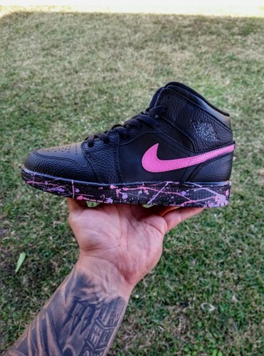 Pre-owned Nike Air Jordan 1 Mid Women Gs Shoes Pink Black Lilac Custom Aj1 In Purple