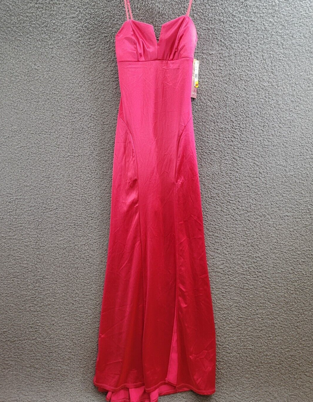 Emerald Sundae Notch-Neck Satin Leg-Slit Gown Juniors' S Neon Pink Back Zipped - Picture 2 of 16