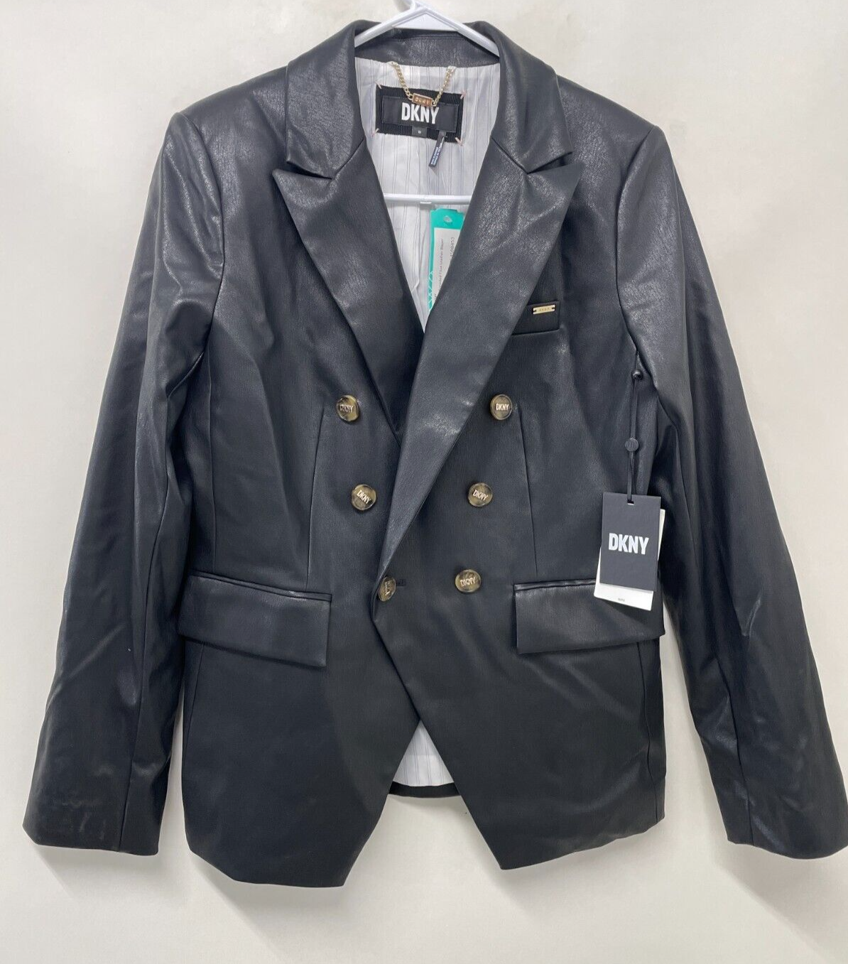 DKNY Womens 10 Double Breasted Faux Leather Blazer Black Notch Lapel Jacket