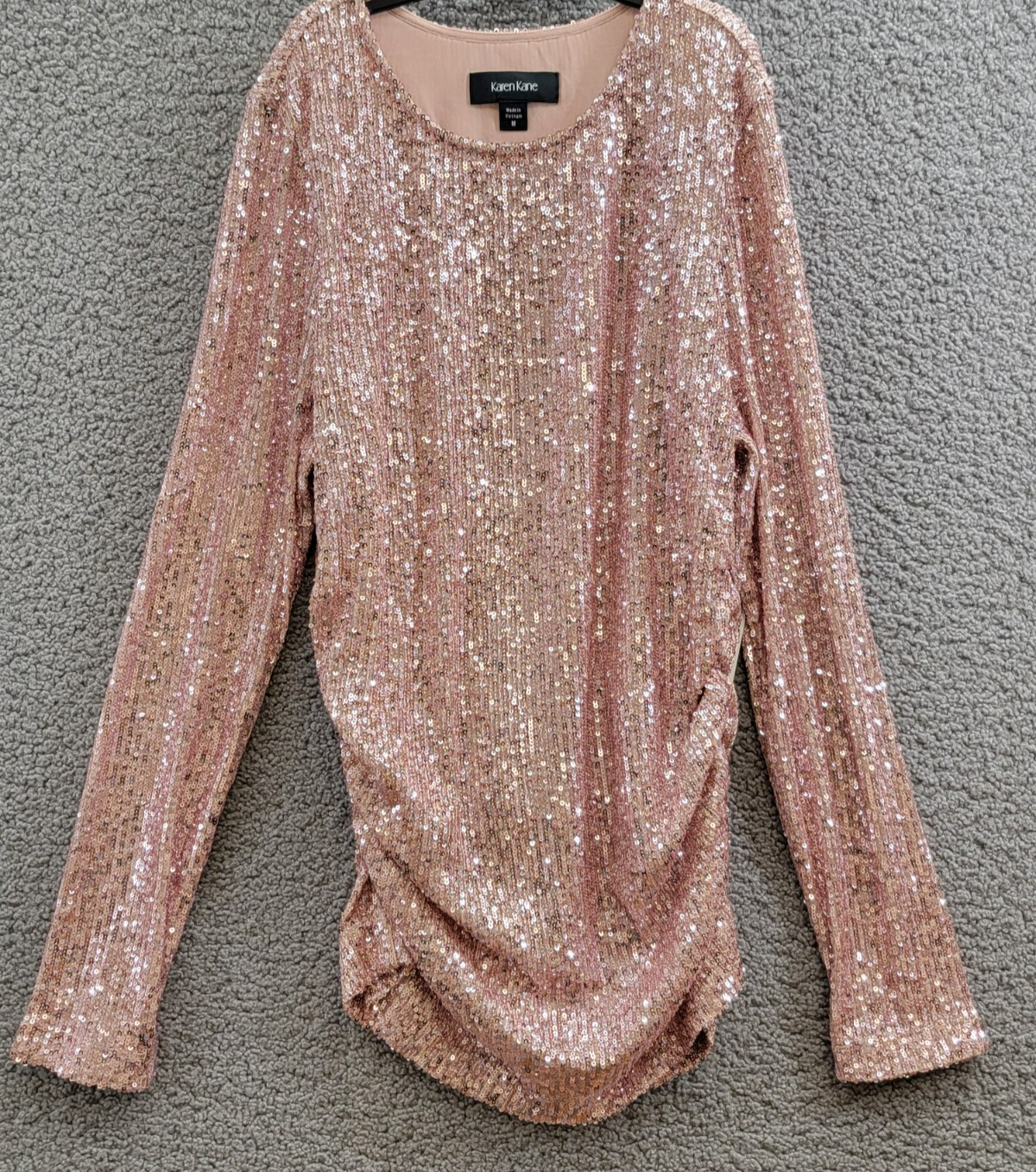 Karen Kane Side Shirred Sequin Top Womens M Pink Round Neck Long Sleeve Pullover - Picture 2 of 15