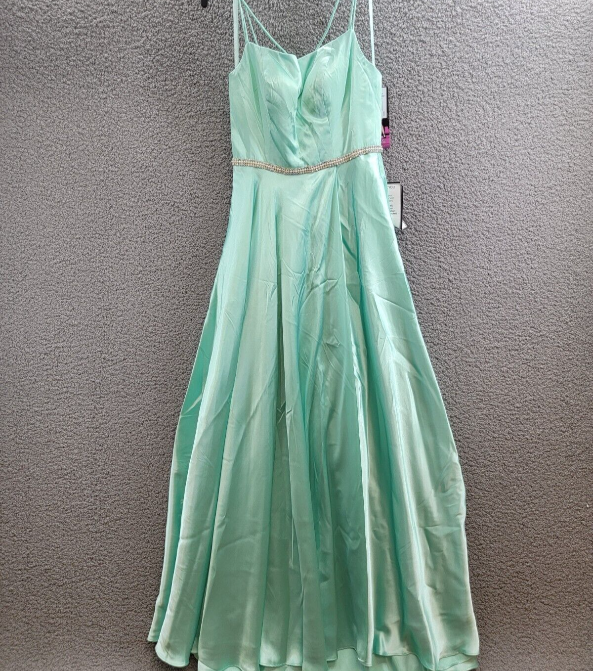 Blondie Nites Satin Double Spaghetti Strap Crystal Belt Dress Juniors' 5 Mint - Picture 2 of 15