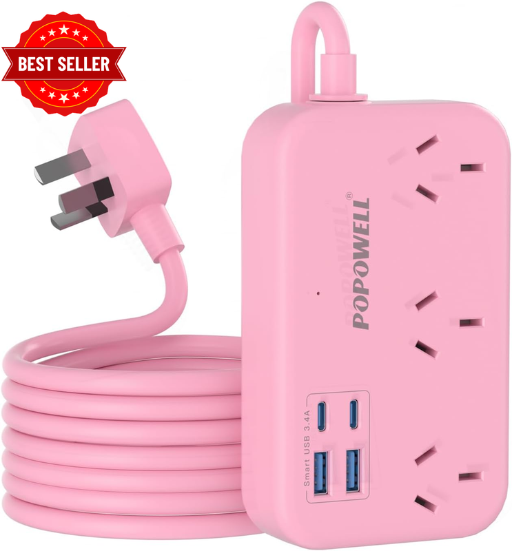 Pink Power Board with USB, Cute Power Strip with 3 AC Outlets and 4 USB(2 USB C 