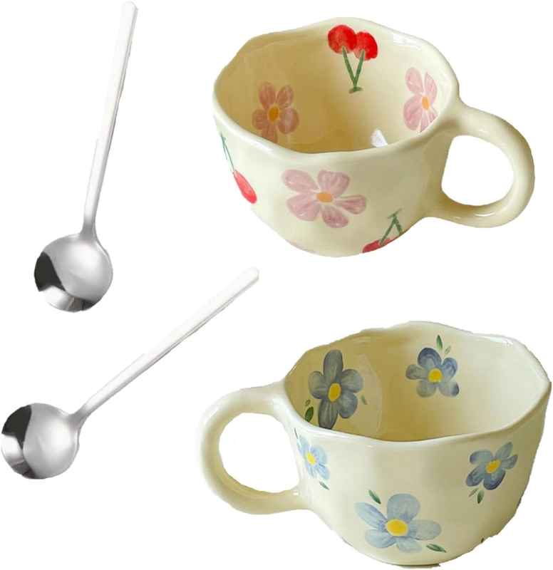 2 Pack Ceramic Coffee Mug with Spoon, 8Oz Handmade Hot Chocolate Mugs, Cute Cup