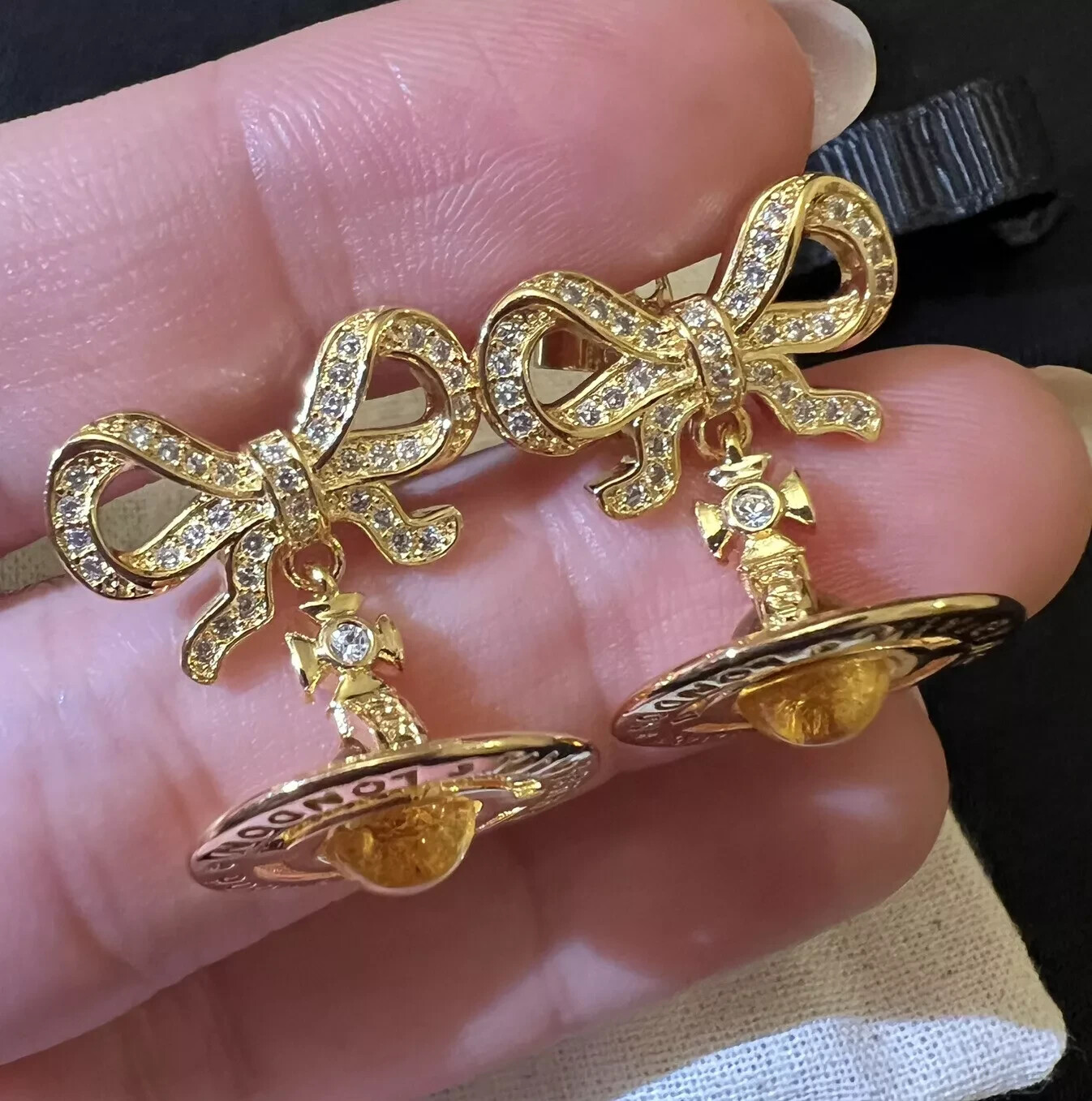 Vivienne Westwood Octavie Gold Tone Tiebow 3D Orb Earrings