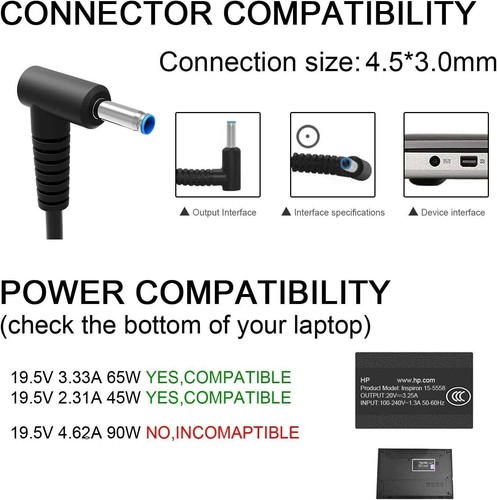 Charger for HP Laptop Computer 65W 45W Blue Tip Power AC Adapter 4.5mm 3mm