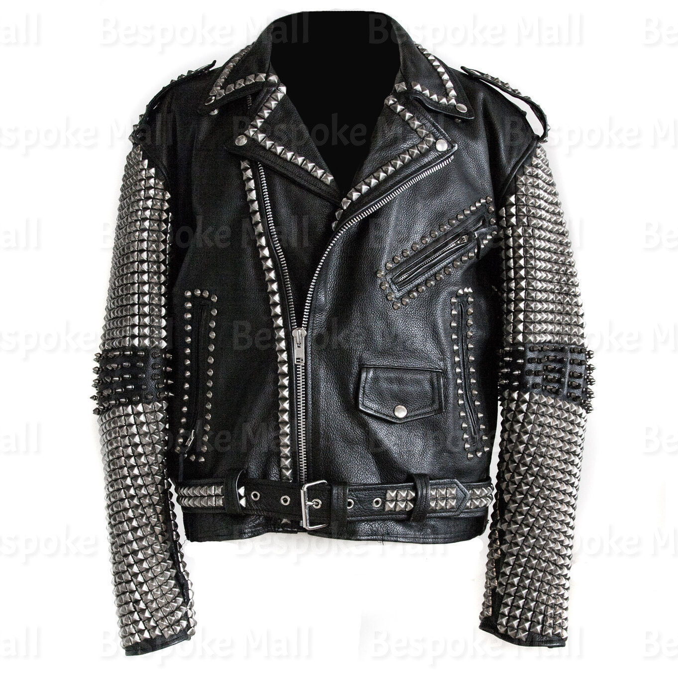 Pre-owned Handmade Men's Black Silver Spiked Studded Vintage Style Cowhide Leather Jacket-889