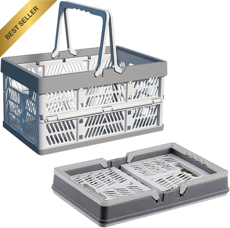 15L Folding Plastic Basket with Handle Stackable Storage Crate Organizer Grey