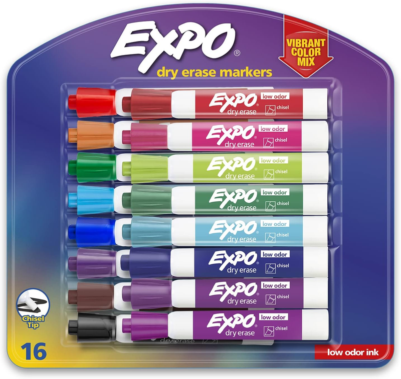 Low Odor Dry Erase Markers, Chisel Tip, Assorted Colors, 16 
