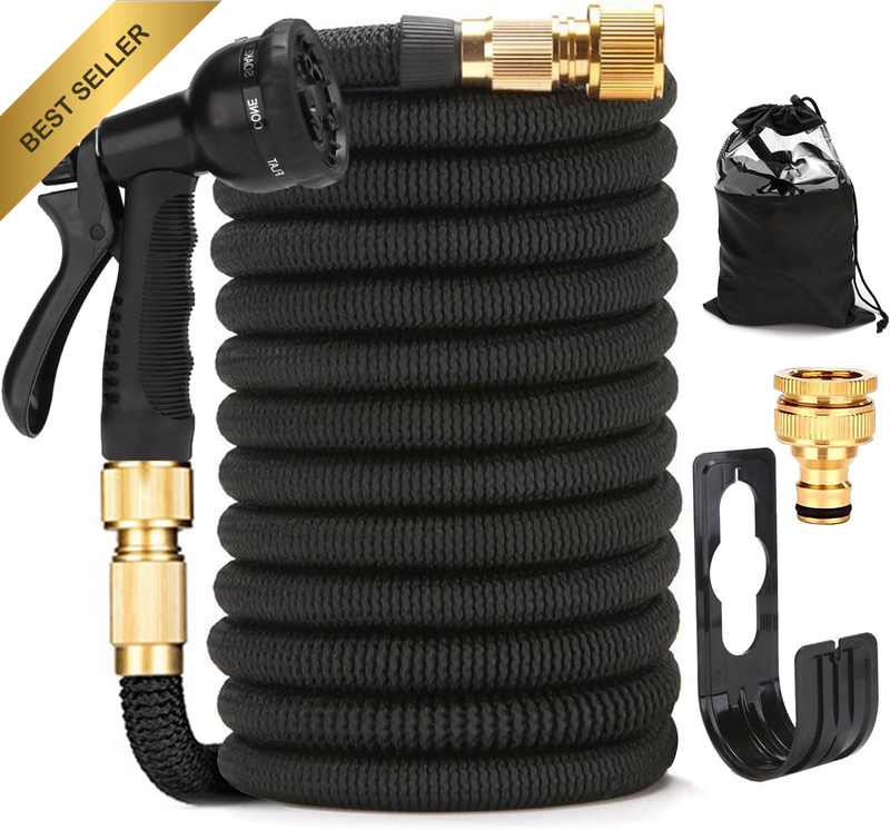 Garden Hose 30M Water Hose, with 8 Function Spray Nozzle, 1/2 Inch & 3/4 Inch Co
