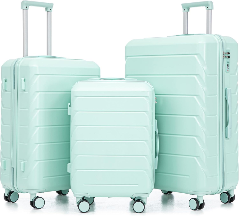 3 Luggage Sets, ABS Hardshell Durable Lightweight Spinner Wheels with Combination Lock, Blue Horizontal Stripe, 20/24/28 Inch