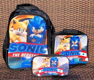 Sonic Hedgehog Large Backpack Book Bag, Lunch Bag, Pencil Case Lot. New
