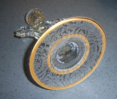 Press Glass Single Candle Holder Candlestick Gilt / gold trim fan scrolls heart