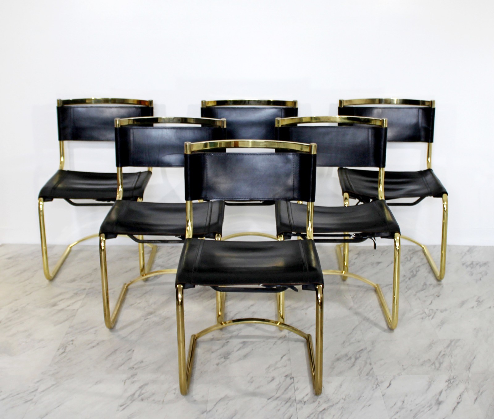 Mid Century Modern 8 Brass Black Leather Side Dining Chairs Breuer Mies Era