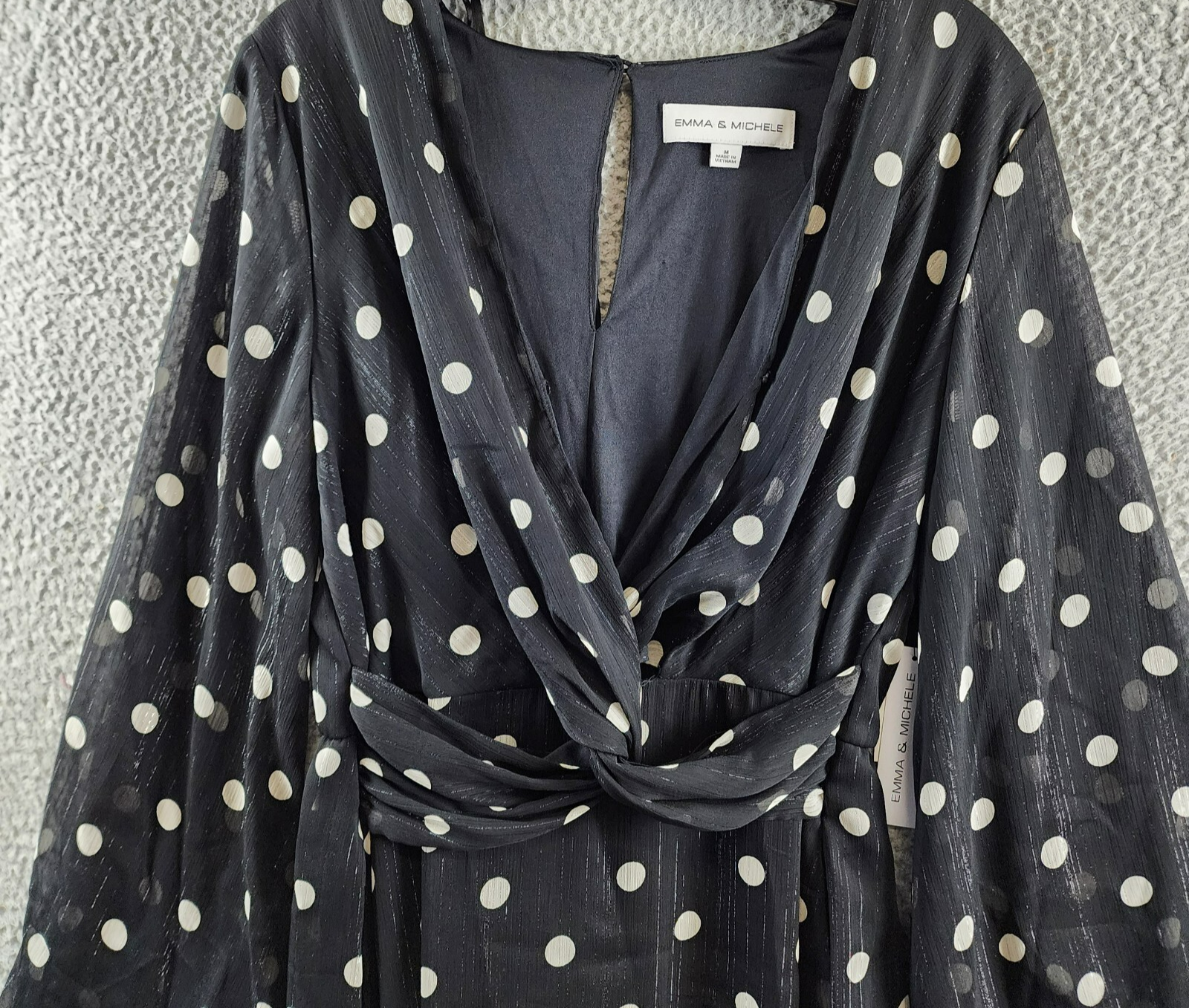 Emma & Michelle Faux Wrap Dress Women's M Black/White Dot Snap Front Button Back - Picture 3 of 11