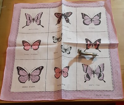 Vgt Purple & Pink Linen Faith Austin Butterflies Hankie   Handkerchief