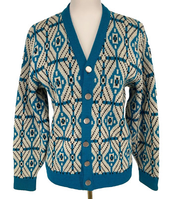 VTG Kandel mens size M pdx 100% Virgin Wool geometric print Cardigan varsity