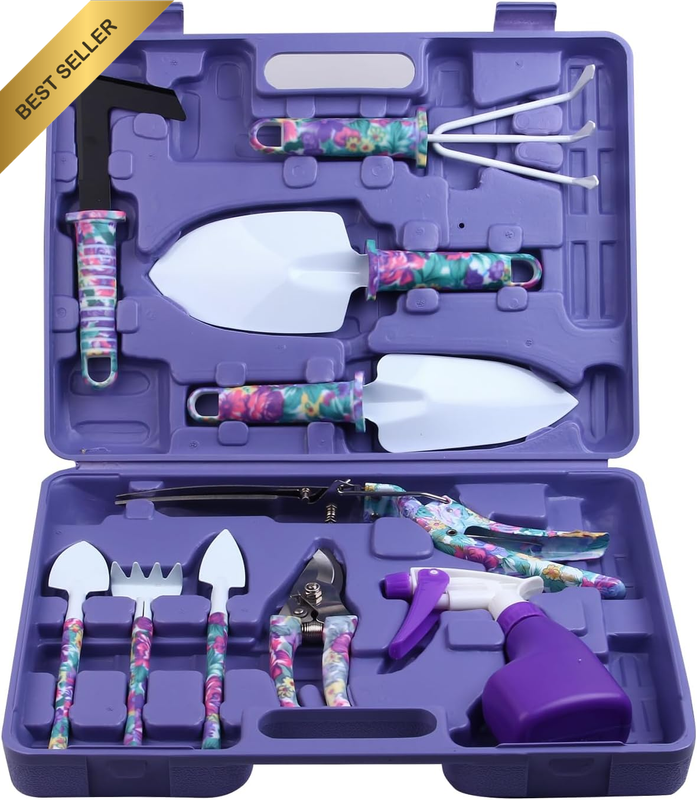 11PC Floral Garden Tool Set Ergonomic Purple Handle Shovel Rake Pruner Case