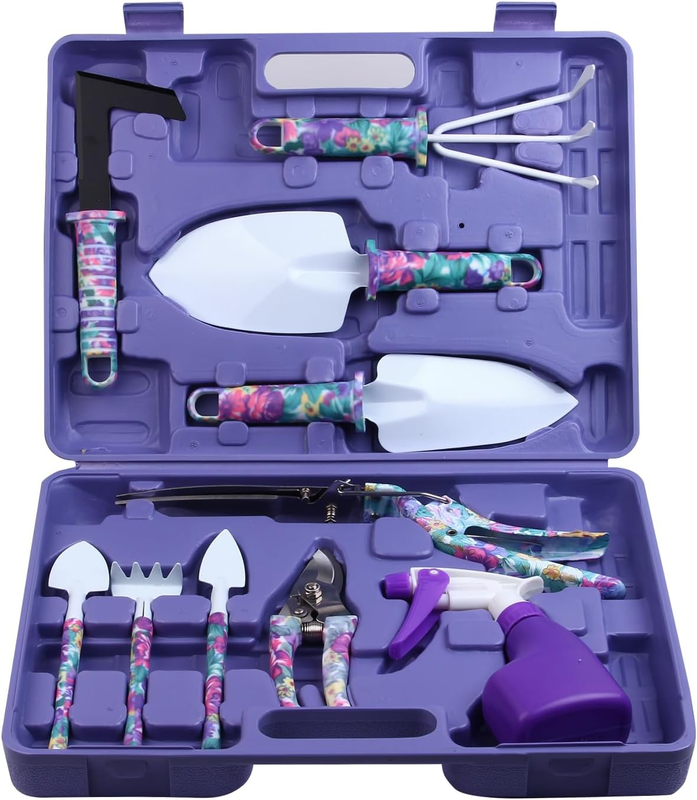Garden Tools Set, JUMPHIGH 10 Pieces Gardening Tools with Purple Floral Print, E