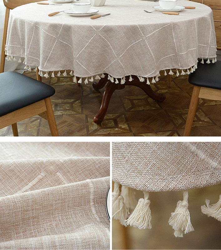 TABLECLOTH Heavy Weight Plaid Tassel round Dining Table Cover Beige 63&Prime; DIMATIC