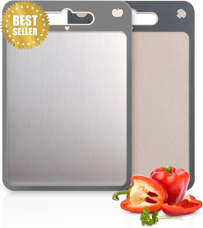 Stainless Steel Chopping Board, Double Sided Wheat Straw and Titanium Cutting Bo