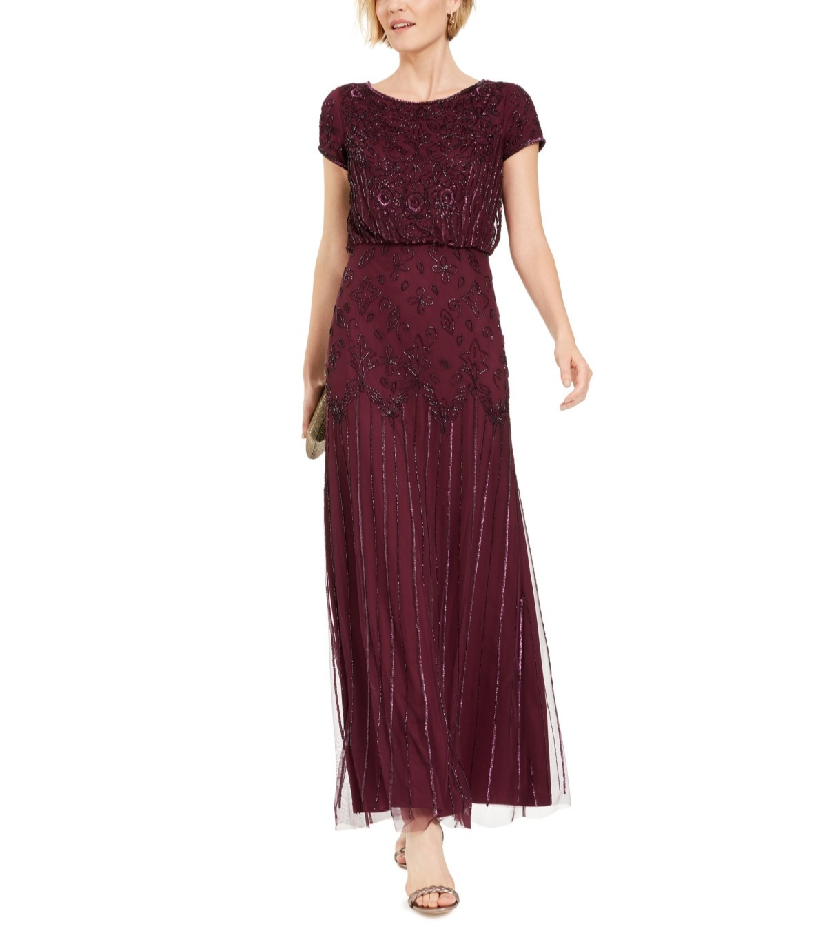 Adrianna Papell Beaded Short-Sleeve Sheer-Overlay Gown $199 Size 0 # 14B 2493 Bl