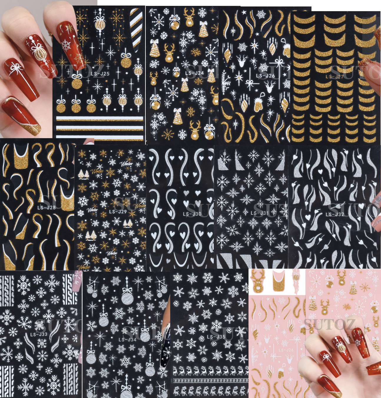 3D Christmas Gold Silver Glitter Snowflakes French Nail Art Stickers Decals NS44