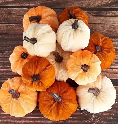 12PCS Artificial Velvet Pumpkin Halloween Autumn Harvest Fall Table Xmas Decor