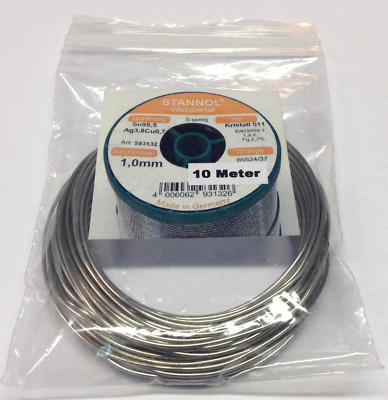 10 m Stannol Kristall 511 Lötzinn 1,0mm 5-seelig Sn95,5 Ag3,8Cu0,7 bleifrei