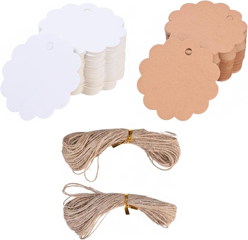 200 Pcs Blank Kraft & White Paper Tags, Pre-Punched Gift Tags with Jute Twine fo
