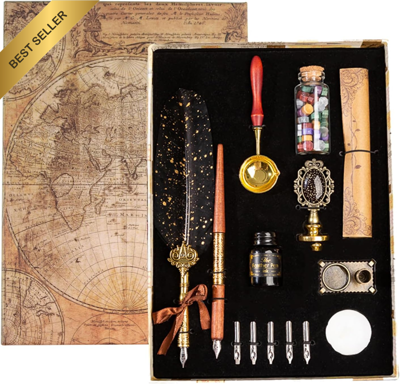 Calligraphy Pen and Ink Set, with Wax Seal Stamp Kit, Bottled Dip Pen Ink, Metal