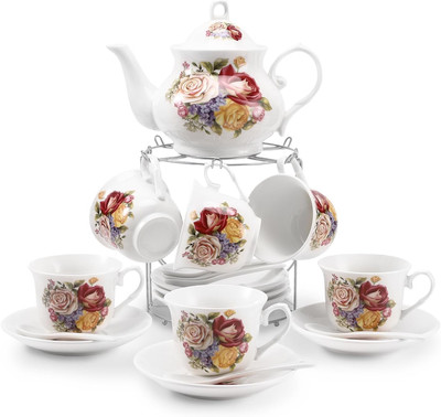 20-PC Teapot and Cup Set - Vintage European Style Floral Ceramic Tea Coffee Set