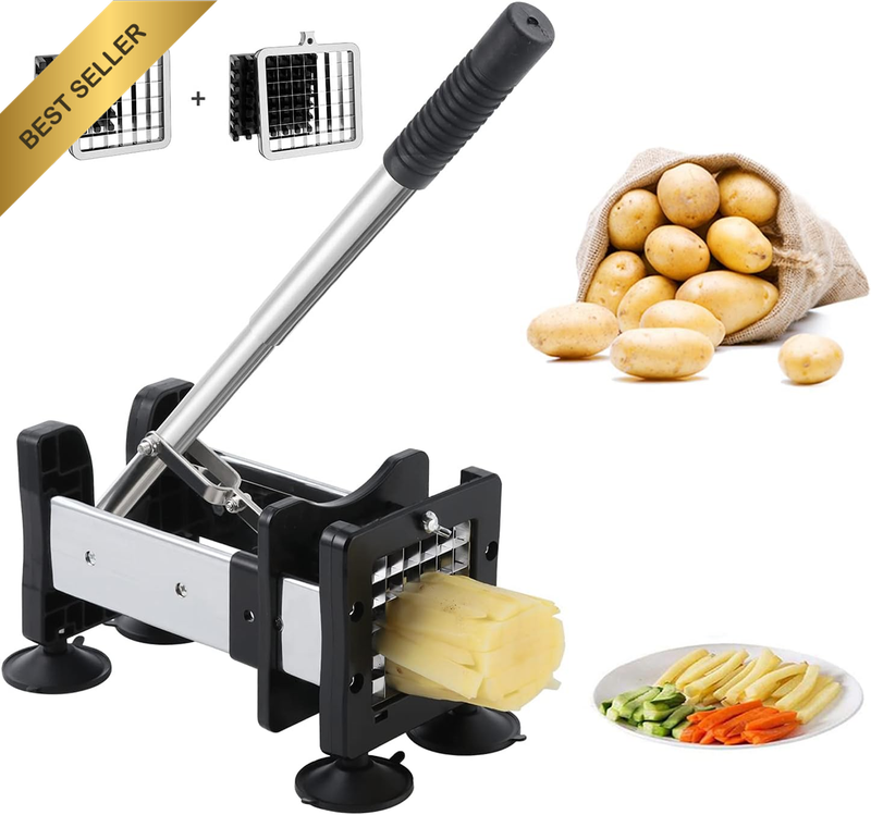 French Fry Cutter Potato Chipper 2 Stainless Steel Blades Extended Handle Suctio