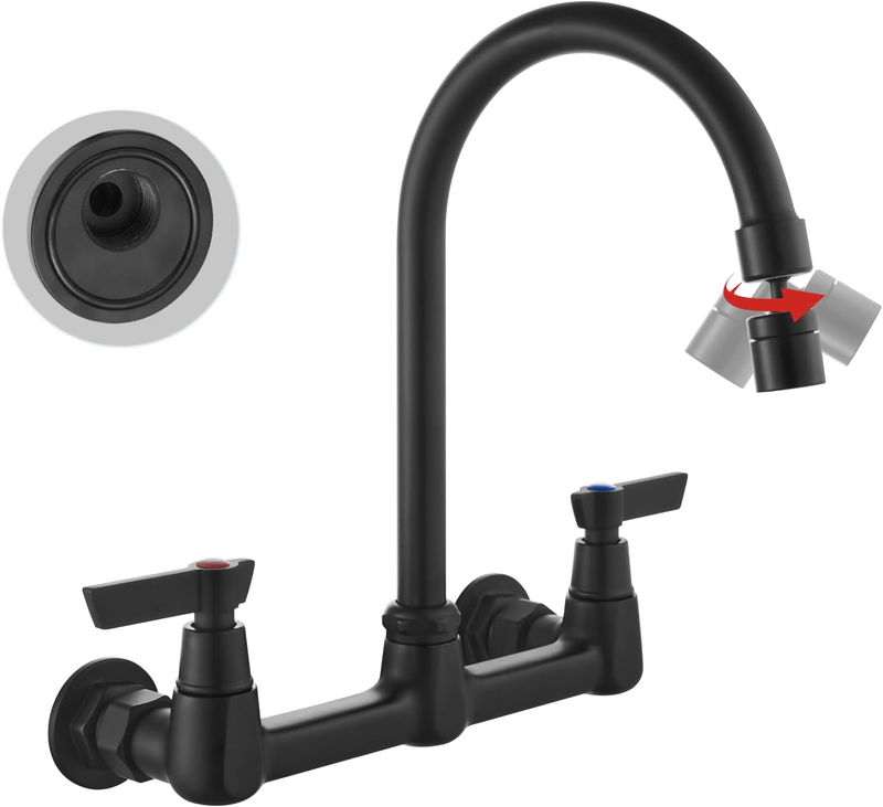 Matte Black Wall Mount Kitchen Faucet 8 Inch Center Adjustable 360 Degree Swivel