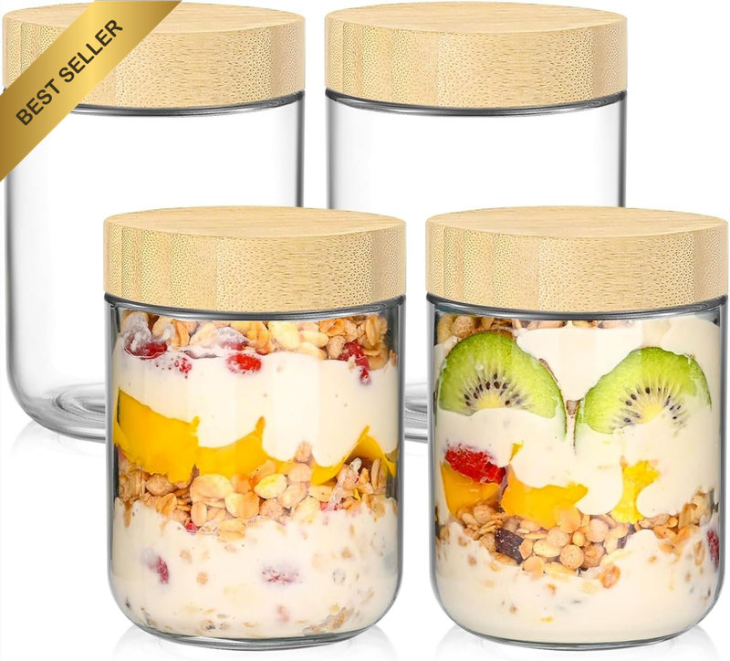 4 Pack Overnight Oats Containers with Bamboo Lids,16 Oz Large Capacity Glass Mas