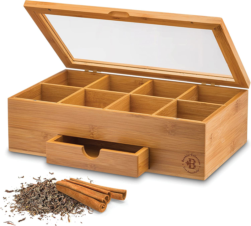 Natural Bamboo Tea Box Organizer with Small Drawer, by Bambusi