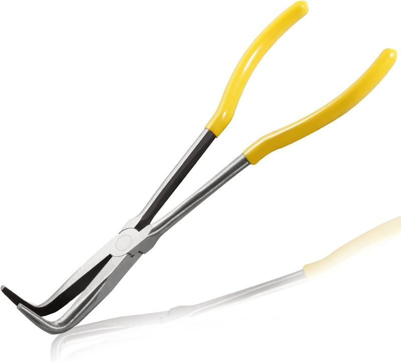 Long Reach Bent Nose Pliers with Serrated Jaws 90 Degree Angled Needle Nose Plie