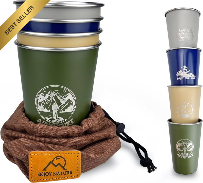 Camping Cup 16Oz (4 Pack) 18/8 Stainless Steel Cup for Outdoor Picnic Hiking Fis