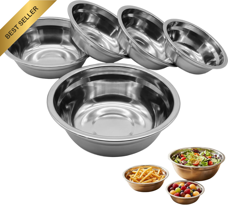 5 Pcs Stainless Steel Mixing Bowls Set, 304 Metal Prep Bowl Kit (14-22Cm), Nesti