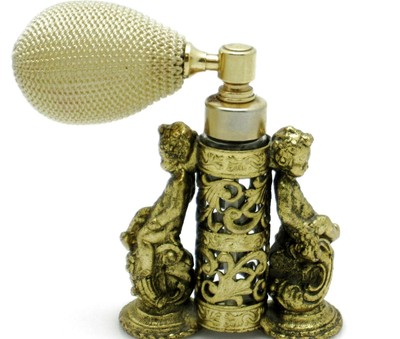 GLOBE 1930s Puffer Atomizer Ormolu Cherub Perfume Bottle 24K Gold Plated 22