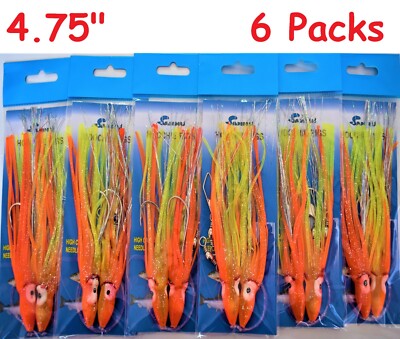 6 Packs 4.75'' Rigged Hoochie Squid Skirts Octopus Trolling Lures -Orange Yellow