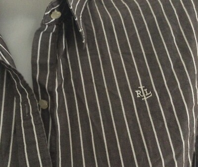L A U R E N   RALPH LAUREN  100% Cotton  STRIPED BROWN Blouse SIZE: M