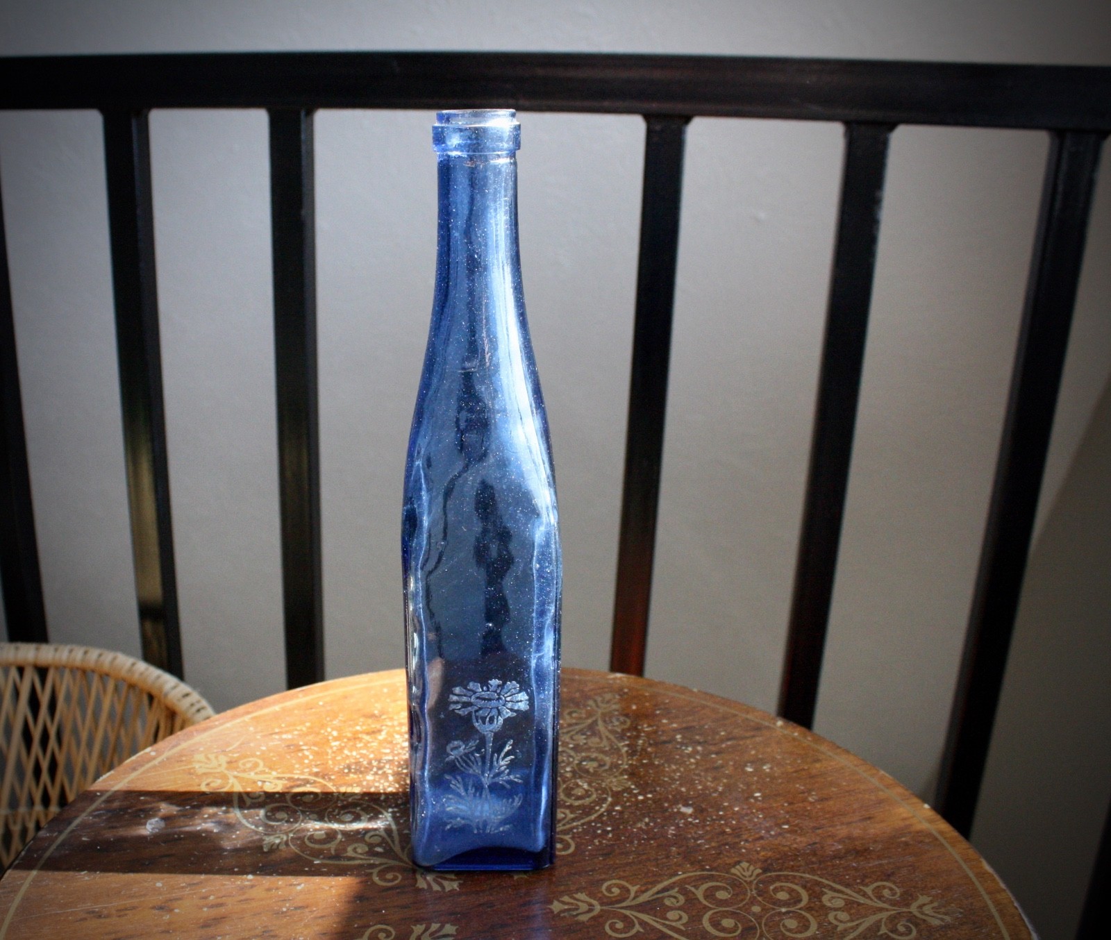 Vintage Rare Blue Glass Bottle PEAR Embossed 11