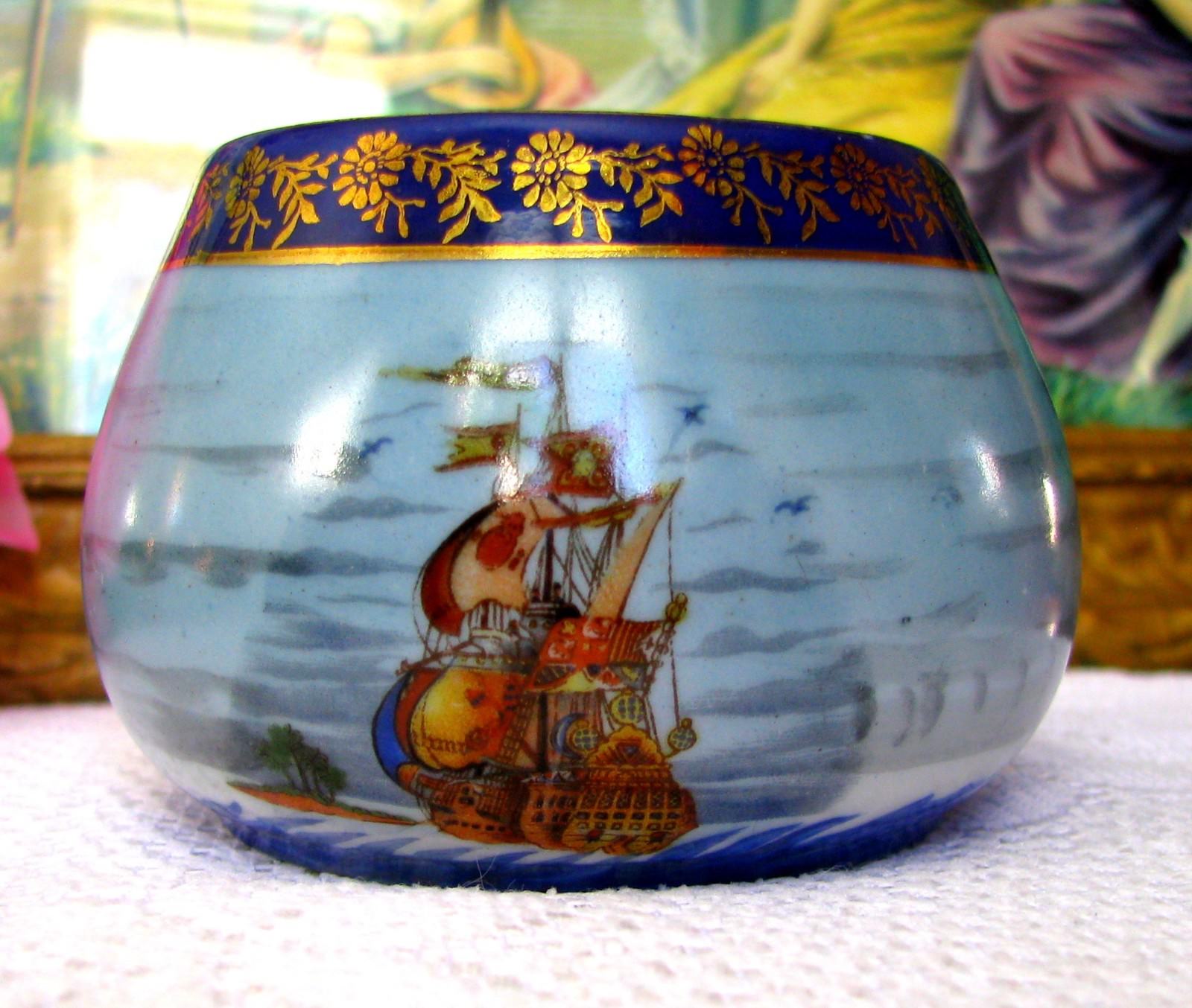 Antique Tall Ship Sugar Bowl Ocean Scene Sail Boat Open Sugar Bowl c.1800s